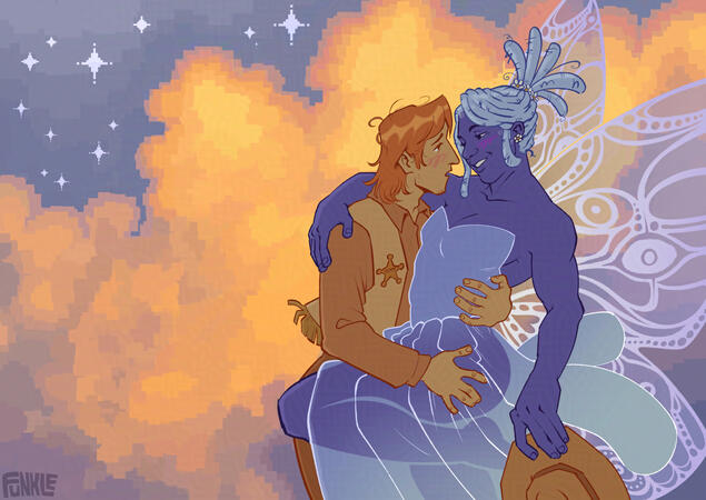 Blellow digital art of Blue and Yellow from Deltarune, dancing and embracing with a cloudy sky with golden and perriwinkle sunset colors behind them. The background is pixel art with pixel stars. Yellow is caressing Blue with both arms, one around his waist and th